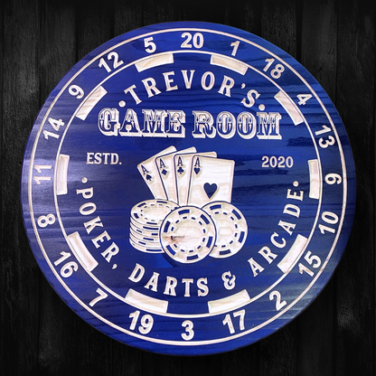 Dart Board Sign - Poker Sign - Game Room Sign - Customized carved wooden sign for home decor or gift.