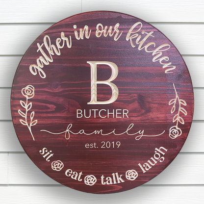 Family Name Sign - Gather in Our Kitchen Sign - Customized carved wooden sign for home decor or gift.