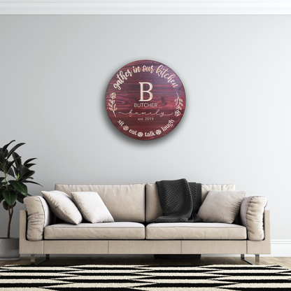 Family Name Sign - Gather in Our Kitchen Sign - Customized carved wooden sign for home decor or gift.