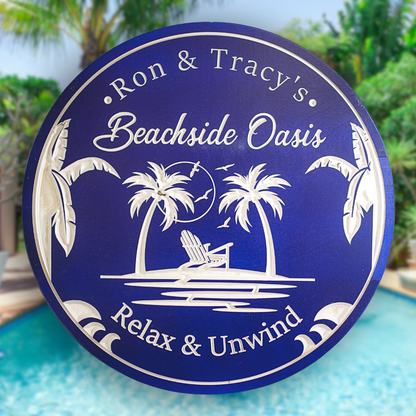 Palm Beach Sign - Beachside Oasis Sign - Pool Sign - Tiki Sign - Pams Trees Sign - Customized carved wooden sign for home decor or gift.